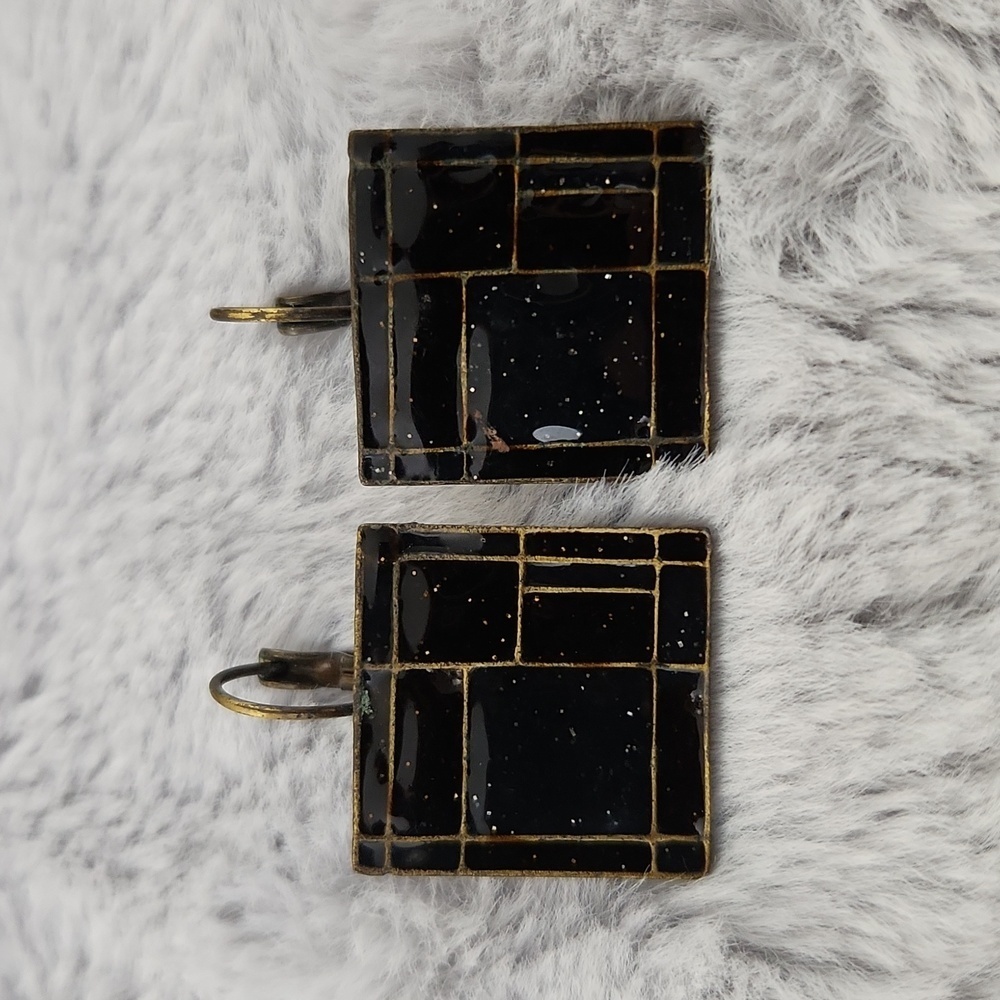 Vintage Black Enamel Square Dangle Earrings Gold Tone Geometric Abstract Art Dec - Picture 3 of 5